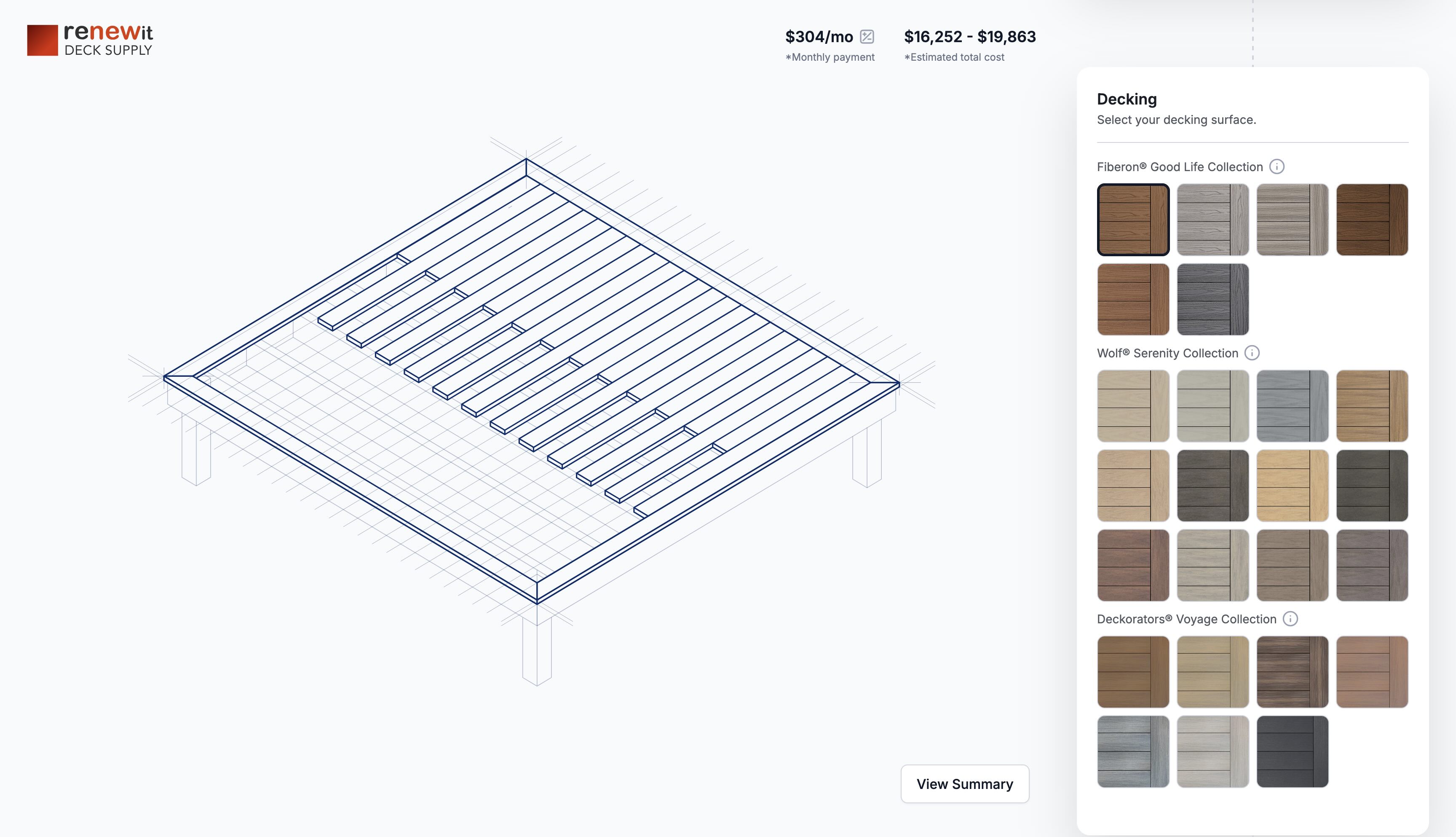 Project estimator showing a 3D deck preview and decking material options
